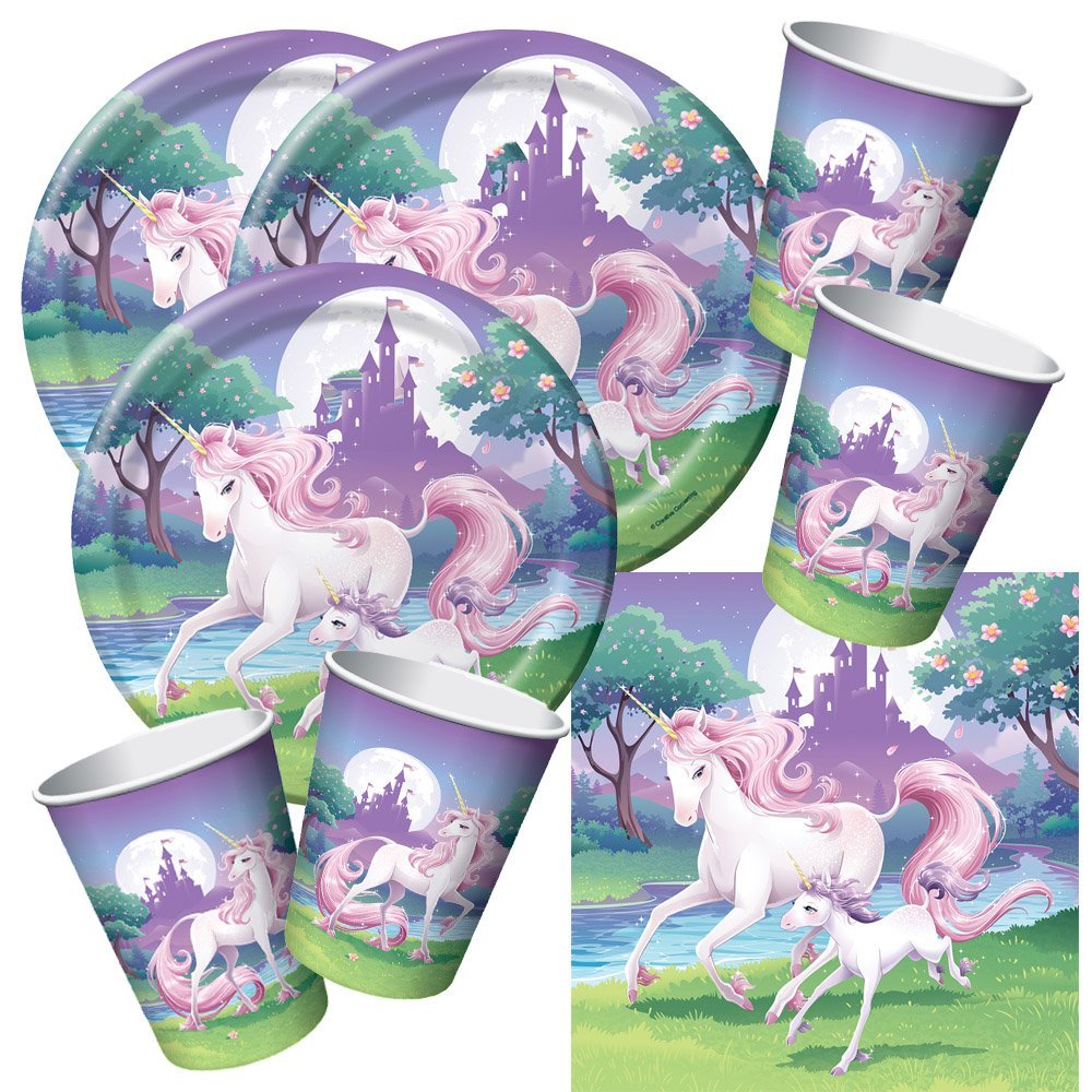 Teller Becher Servietten Decke für 16 Kids Magic Unicorn Einhorn Partyset 53tlg